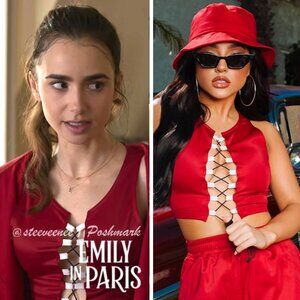 PrettyLittleThing Red Lace Up Crop Top ASO Emily in Paris